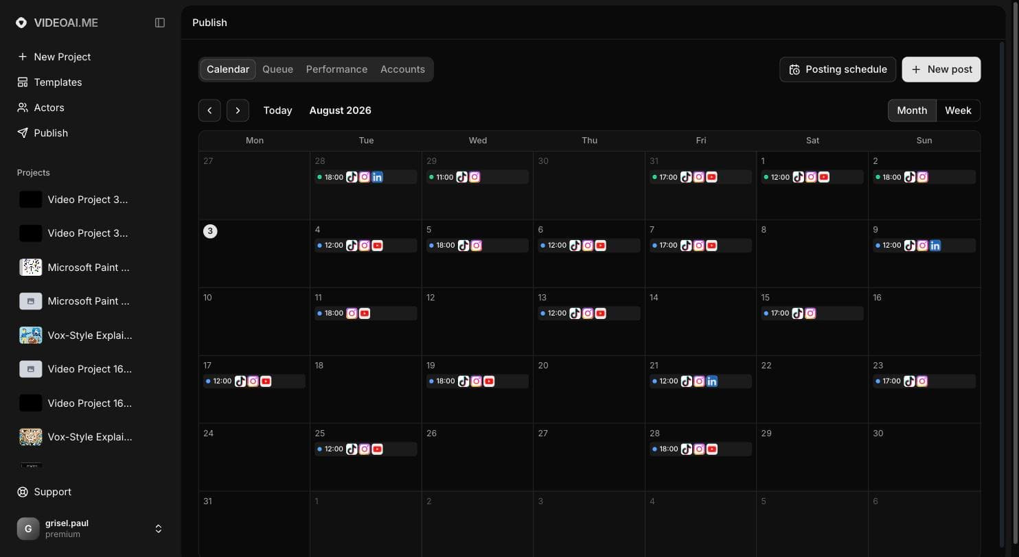 VIDEO AI ME publishing calendar showing a full month of scheduled and published posts