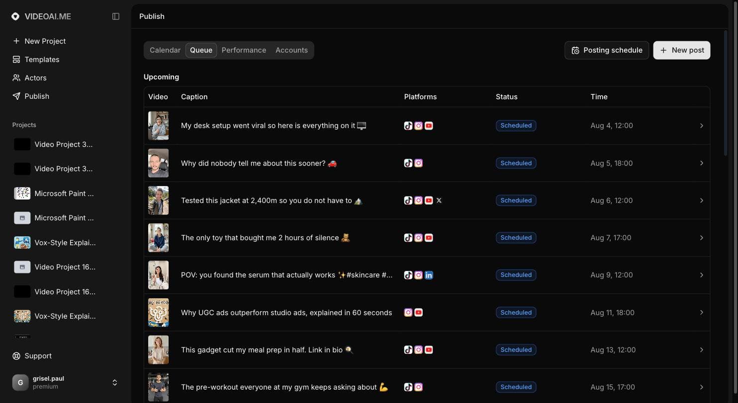 Posting queue listing upcoming scheduled videos with platforms and times