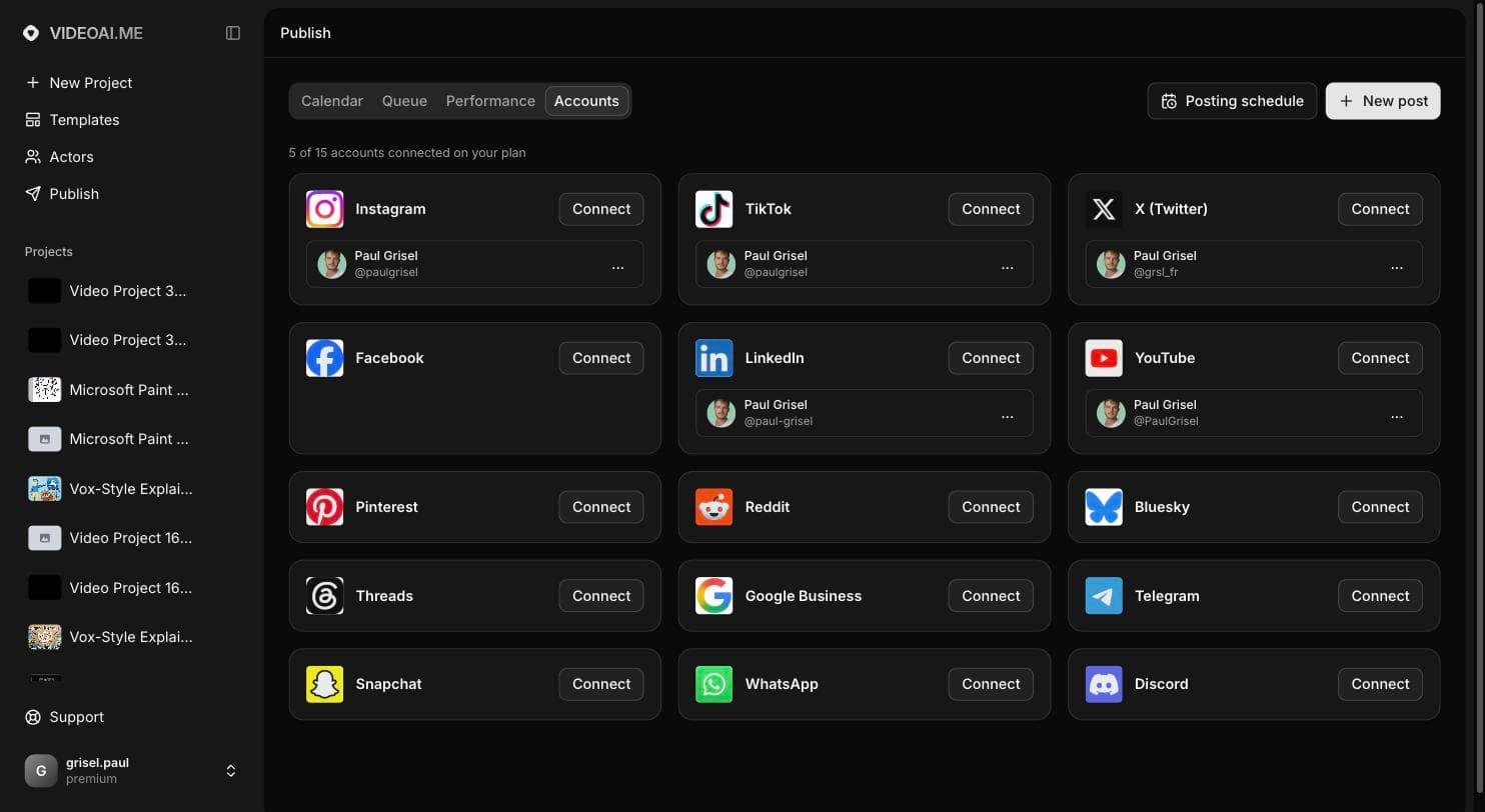 Accounts page showing 15 supported platforms with connected profiles