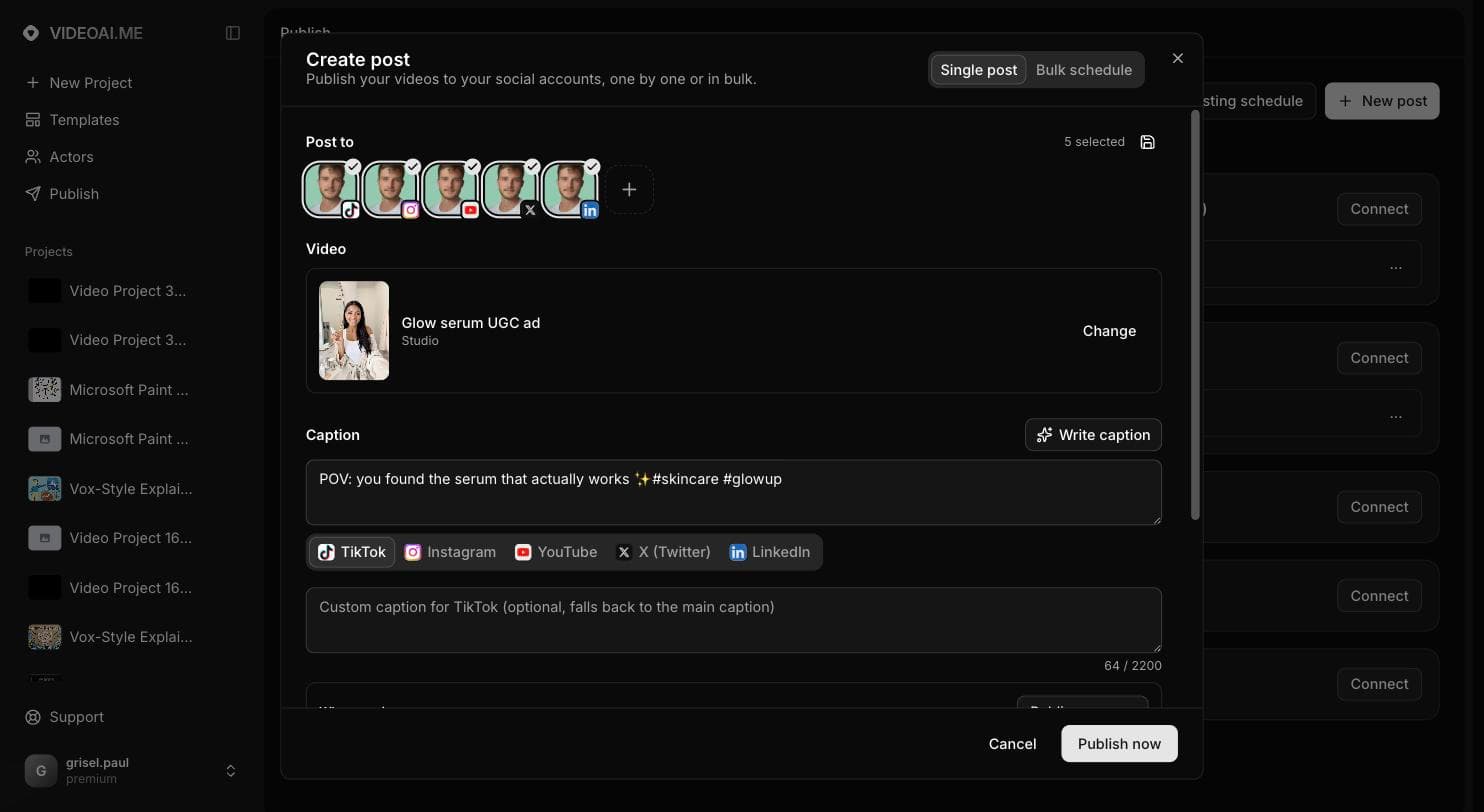 Post composer with accounts selected, a video loaded, and per-platform caption tabs