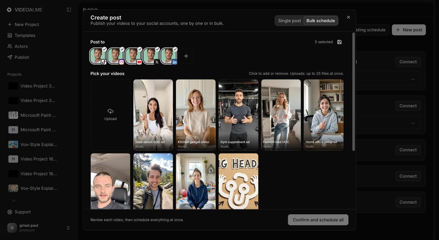 Bulk scheduling grid with UGC videos selected for automatic spreading