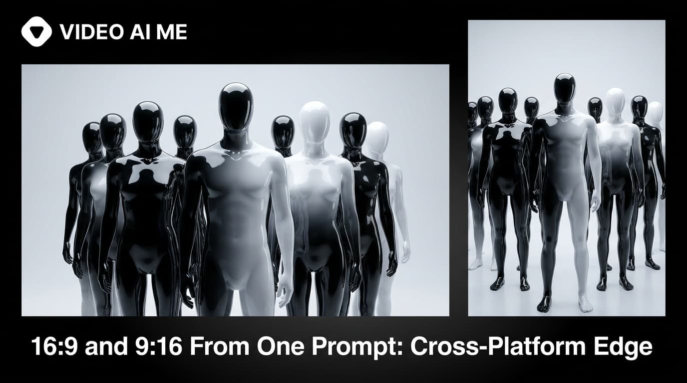 Same AI video showing both 16:9 horizontal and 9:16 vertical format outputs from a single prompt