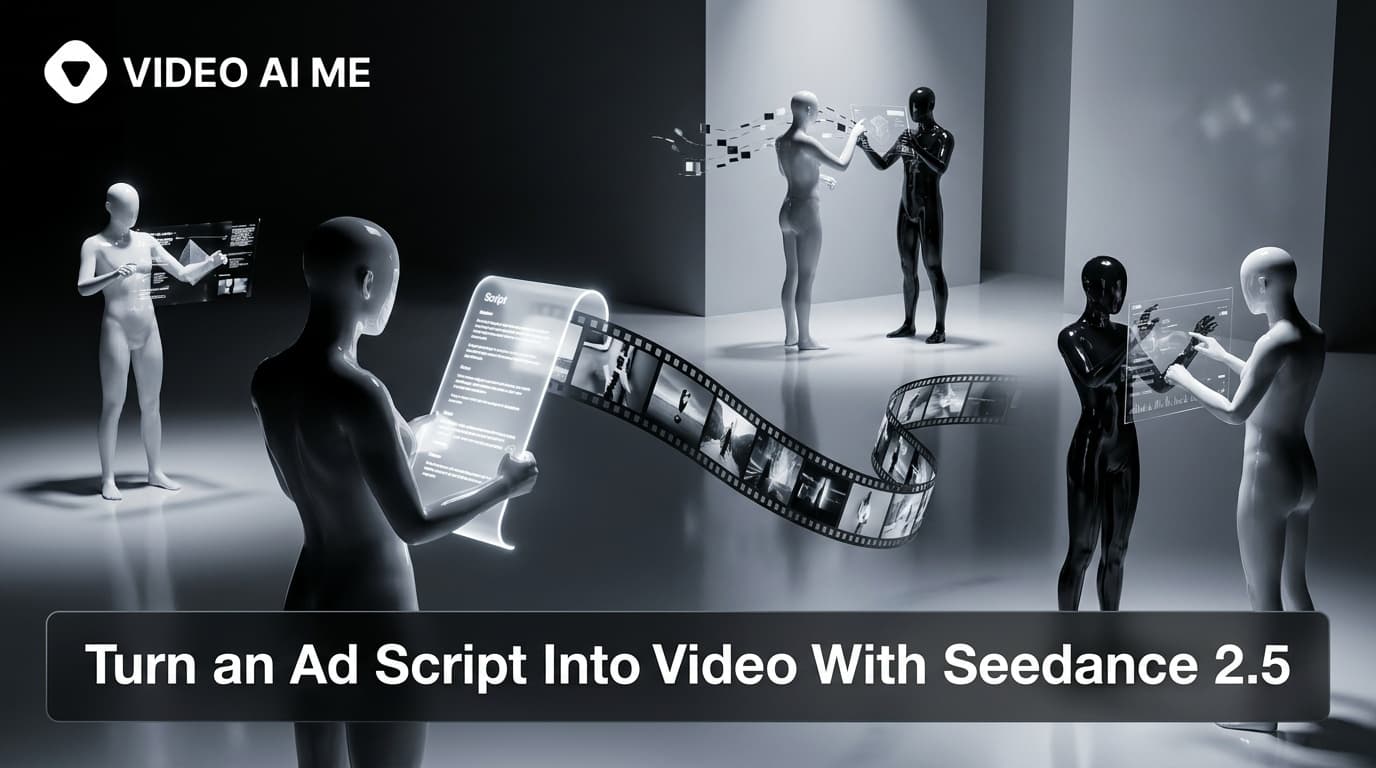 An ad script broken into six timed beats and converted into Seedance 2.5 prompts