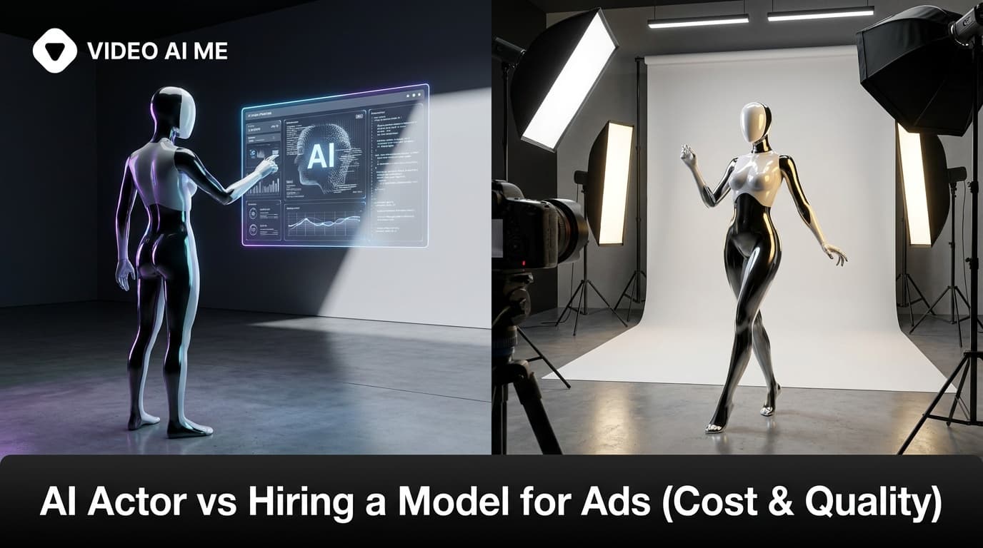 Split-screen comparison of an AI actor and a hired human model filming a video ad