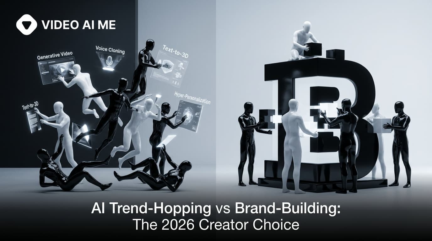Comparison chart showing AI trend hopping creator versus brand building creator outcomes over 12 months