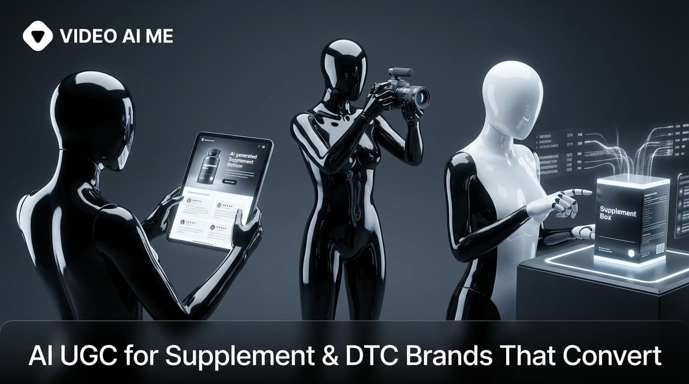 AI-generated UGC video ads for supplement and DTC brands showing testimonial-style content for TikTok and Meta campaigns