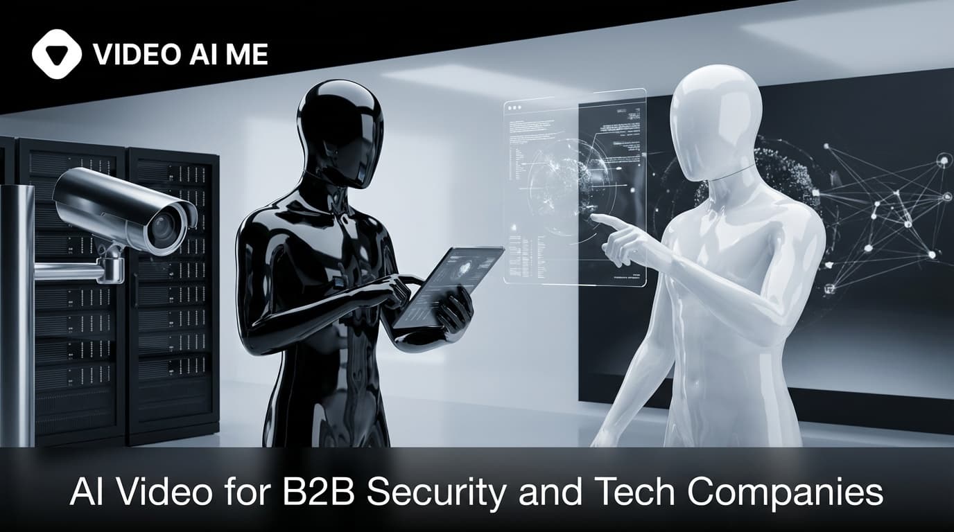 AI-generated product demo video for a B2B security tech company showing a presenter explaining smart security system features for LinkedIn