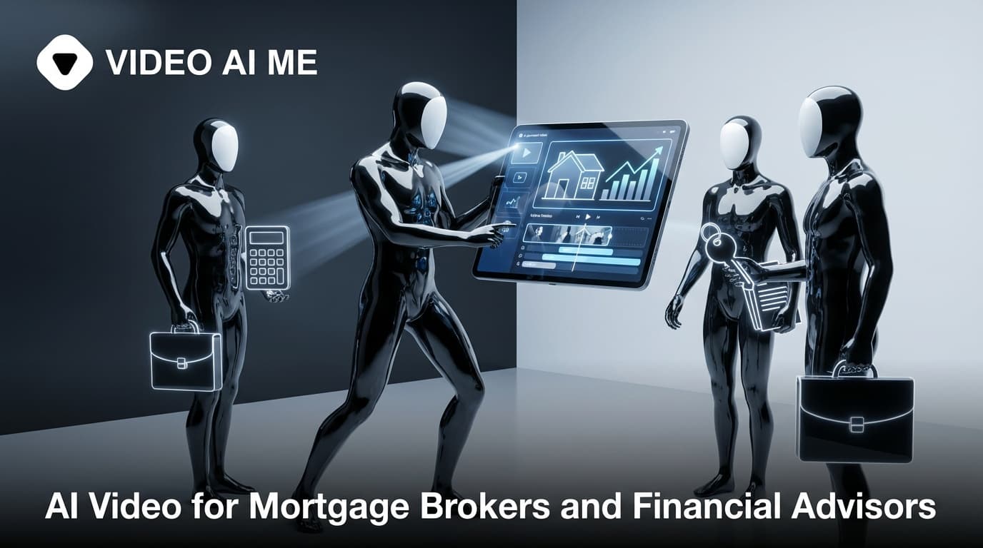 AI-generated video content for mortgage brokers showing a financial advisor presenting a first-time homebuyer guide for YouTube and LinkedIn