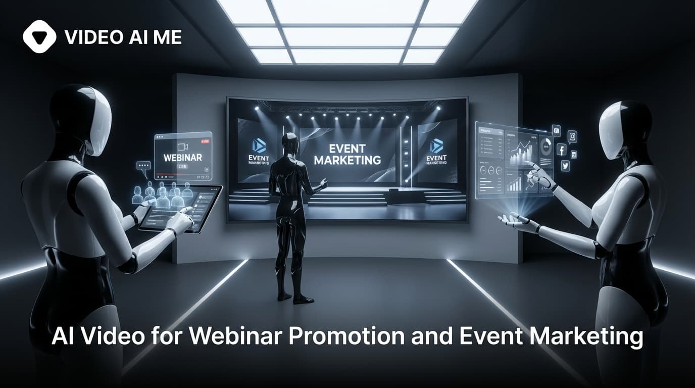 AI-generated promotional video for webinar event marketing showing speaker introduction and registration call to action