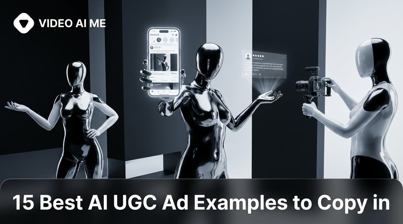 Grid of AI UGC ad examples showing hook, before-after, and social proof video ad formats