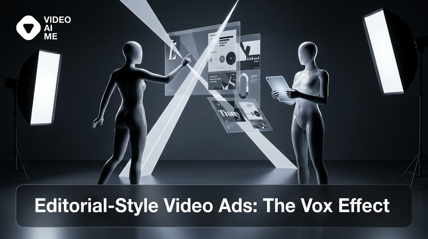 Editorial-style video ad in the vox paper-collage explainer format shown next to a polished brand ad