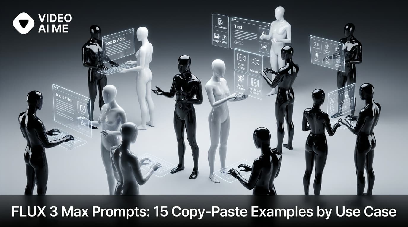 Grid of FLUX 3 Max prompt examples grouped by use case with aspect ratio and credit cost