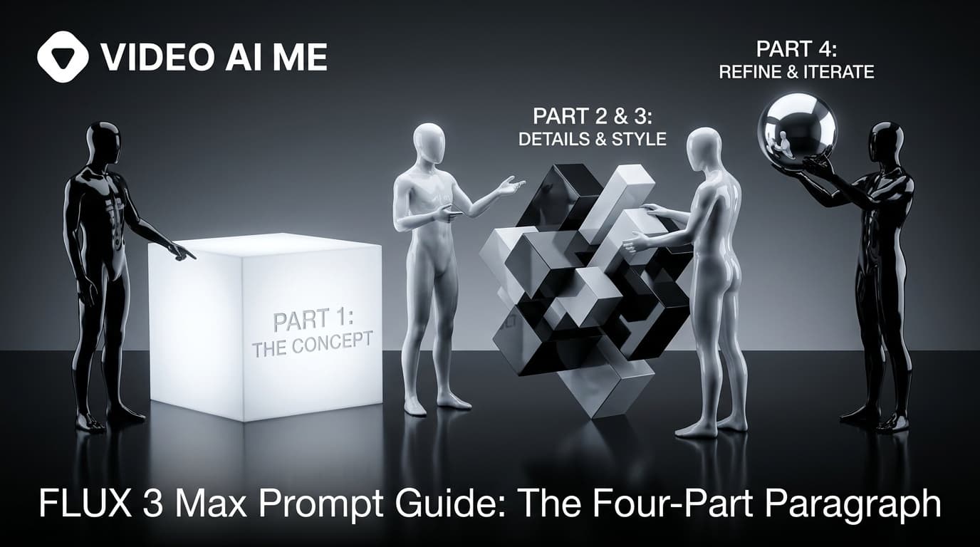FLUX 3 Max prompt guide showing the four-part prompt structure for AI video with sound