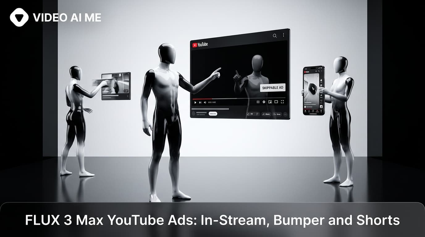 YouTube in-stream, bumper and Shorts ads produced with FLUX 3 Max on VIDEO AI ME