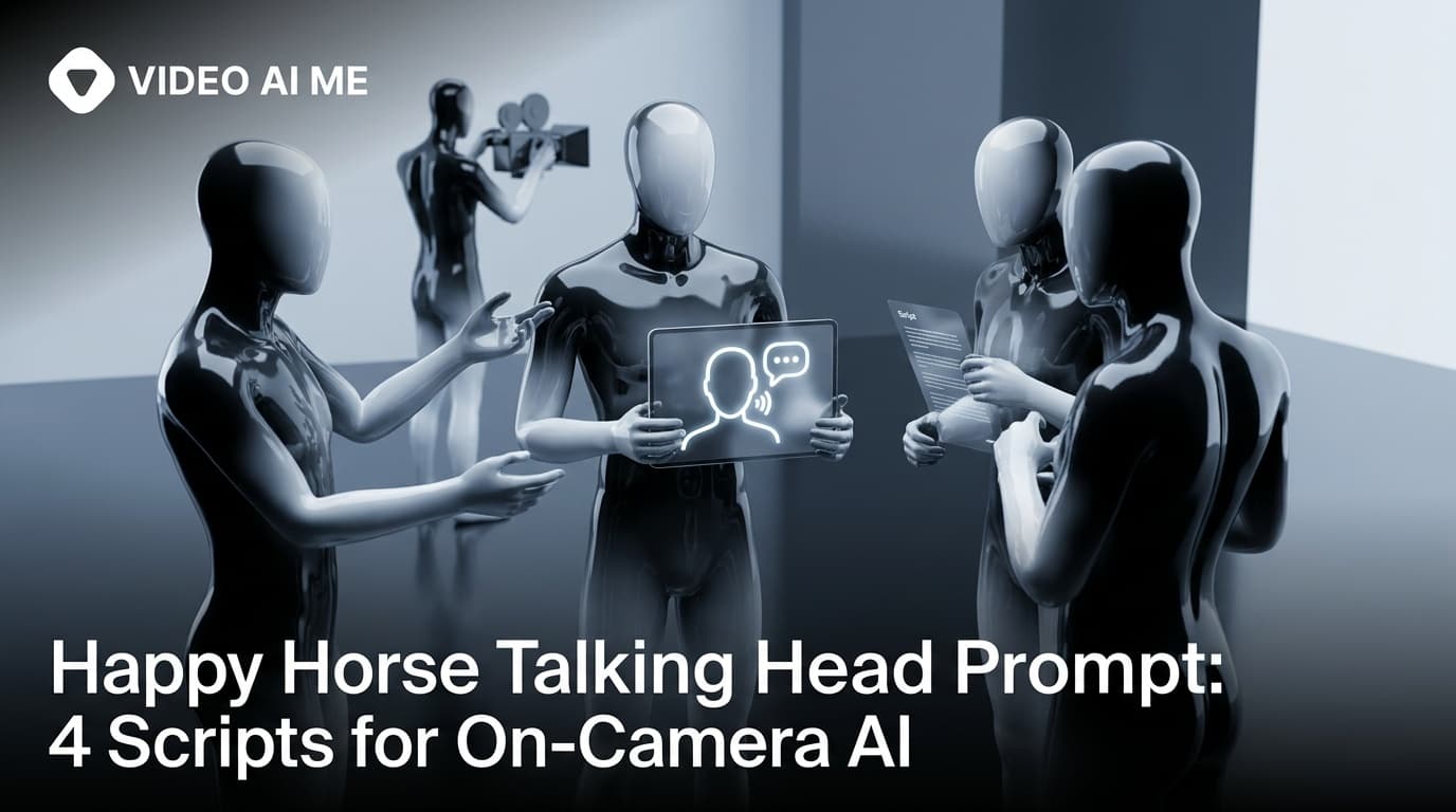 Happy Horse talking head prompt showing an AI presenter in a professional office setting with soft window light