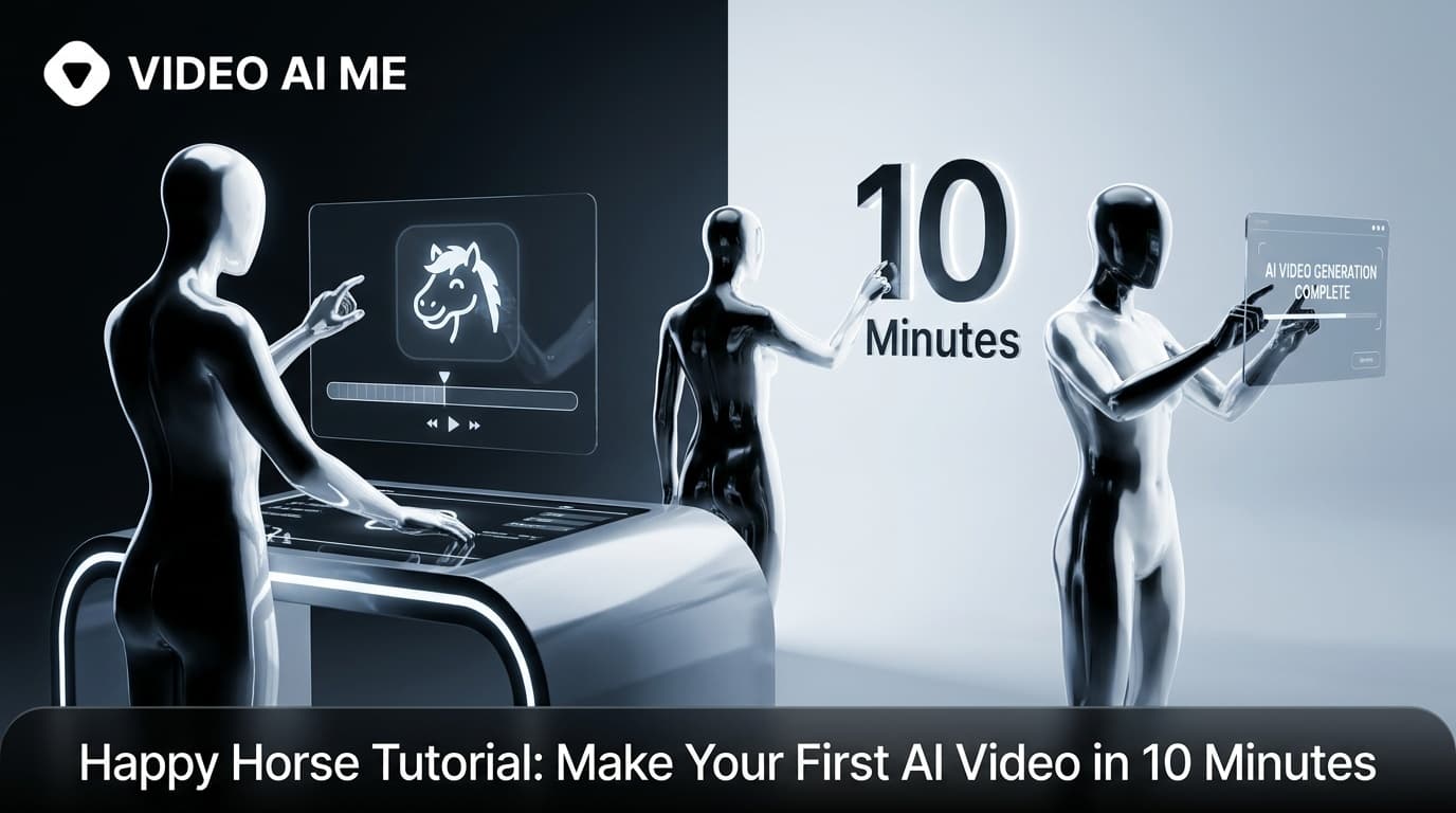 Happy horse tutorial walkthrough showing VIDEO AI ME interface with AI actor selection and prompt field