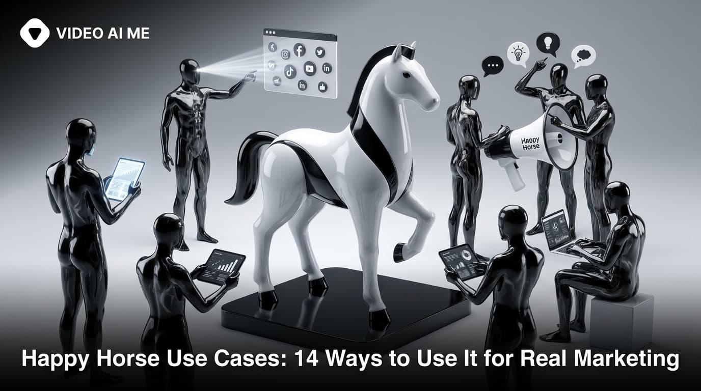 Grid showing 14 happy horse use cases including UGC ads, real estate, e-commerce, and course intros