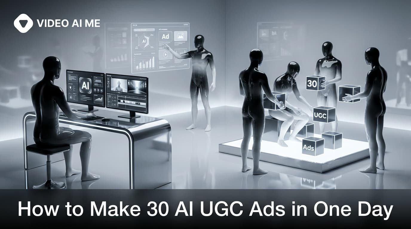 Batch grid of 30 AI UGC video ad variations created in one day with VIDEO AI ME