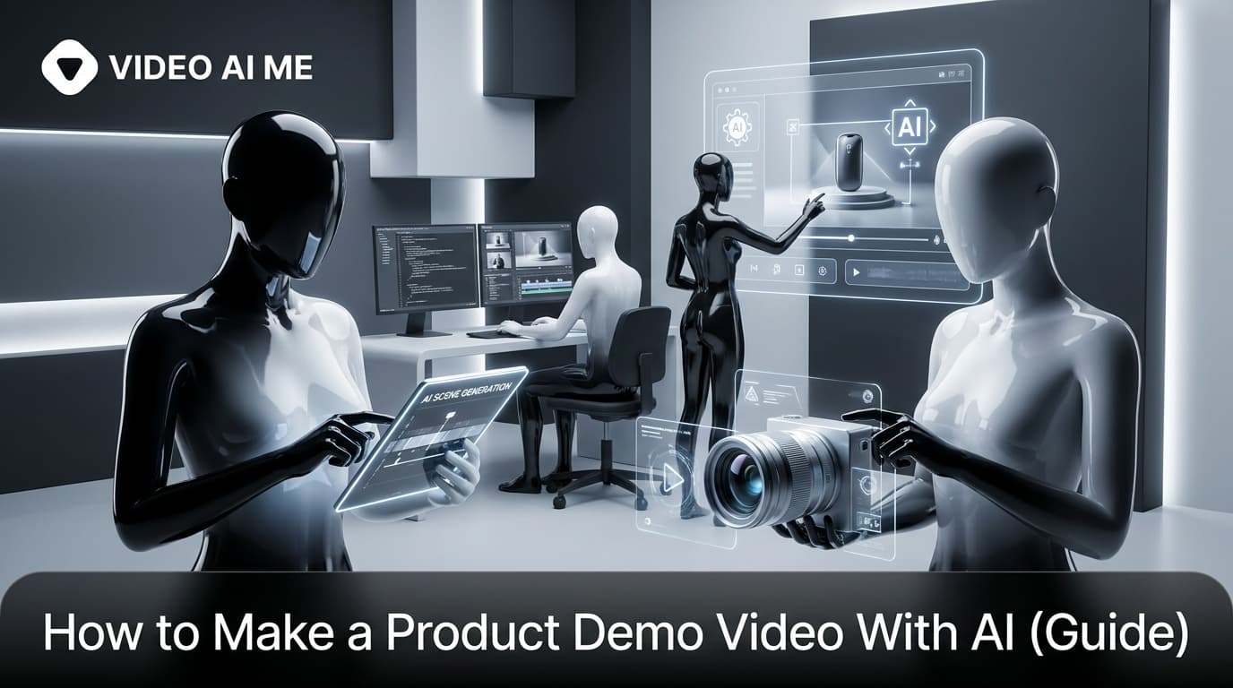 Creating a product demo video with AI on a laptop showing an AI presenter and script