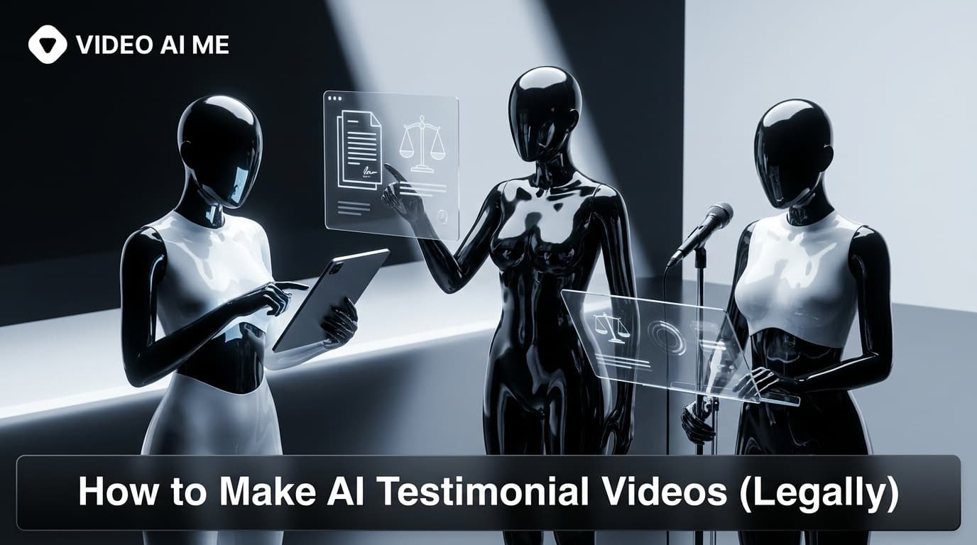 AI testimonial videos workflow showing a compliant AI avatar presenter with on-screen disclosure