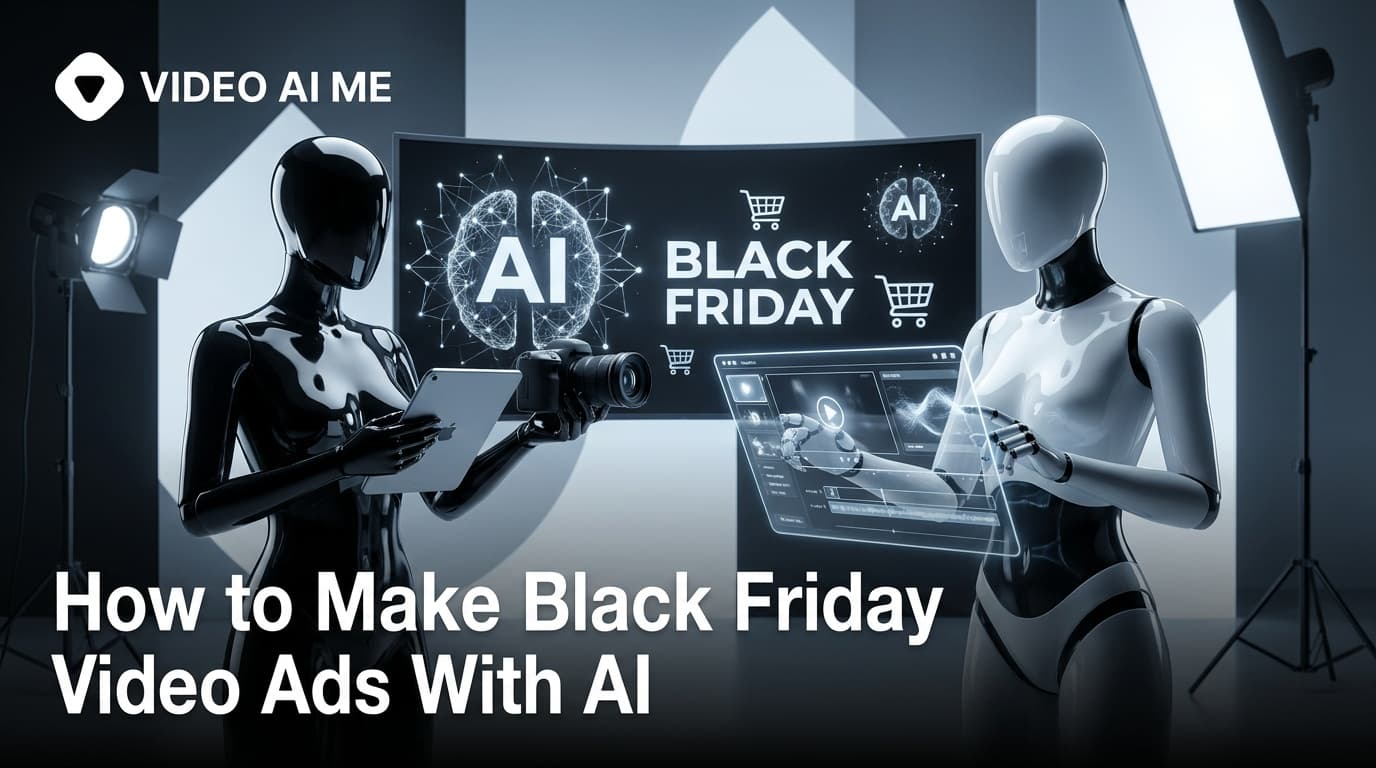 Black Friday video ads created with AI shown on phone and laptop screens for an ecommerce sale campaign