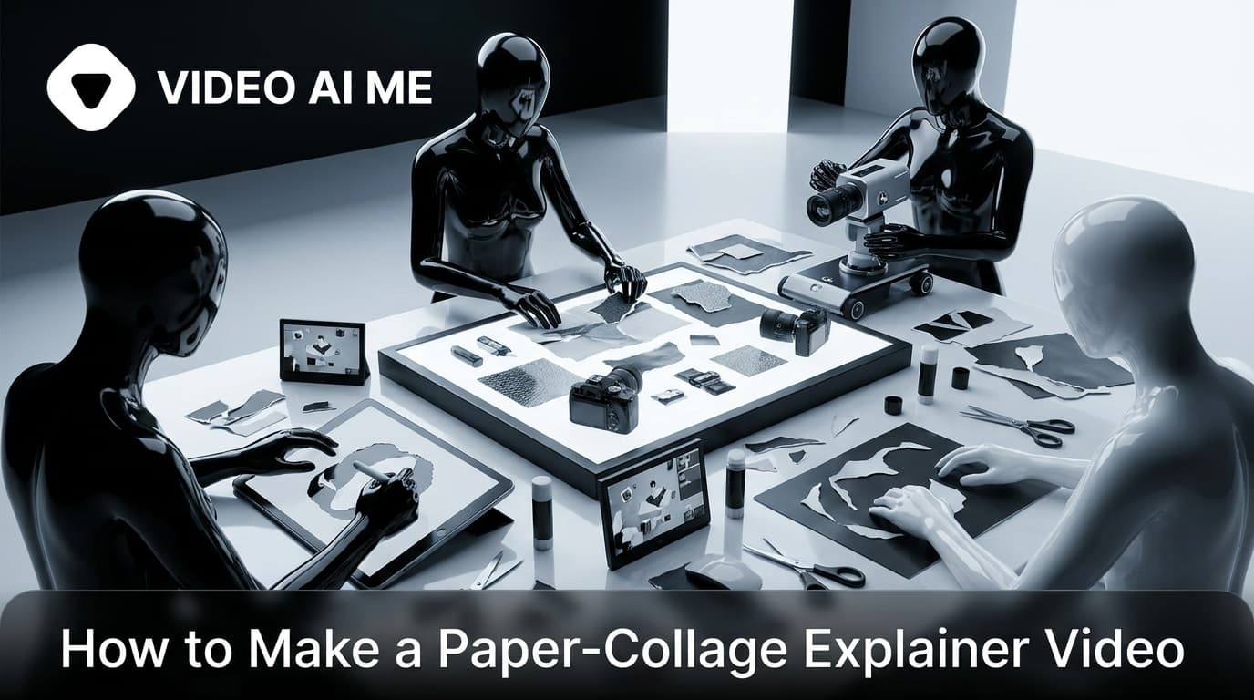 Steps to make a paper-collage explainer video shown as layered cutout boards