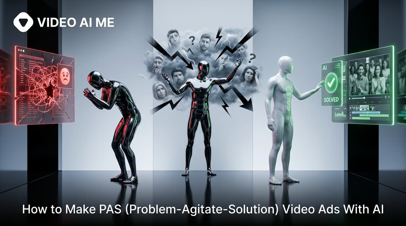 Storyboard of a problem agitate solution video ad showing the problem, agitate, and solution beats on a phone screen
