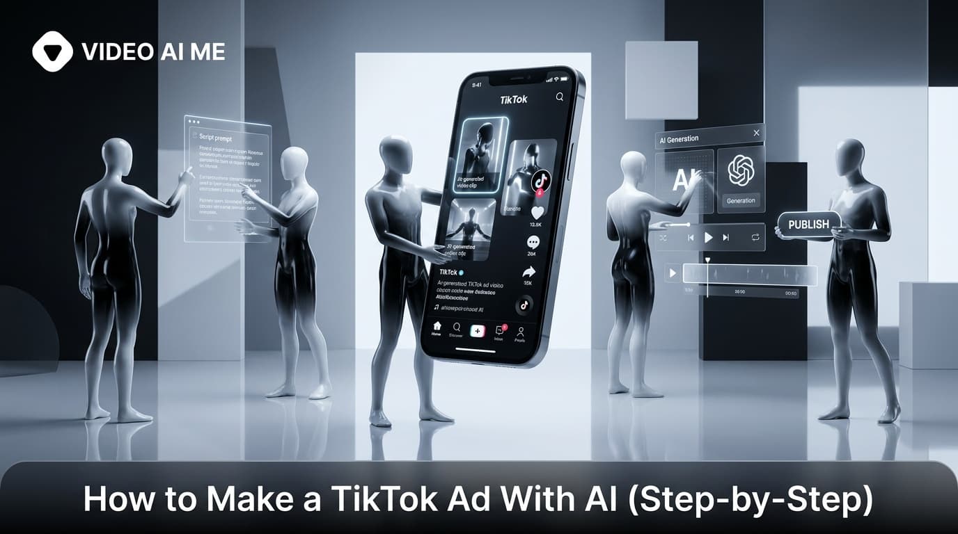 Step-by-step workflow showing how to make a TikTok ad with AI on a vertical 9:16 phone screen