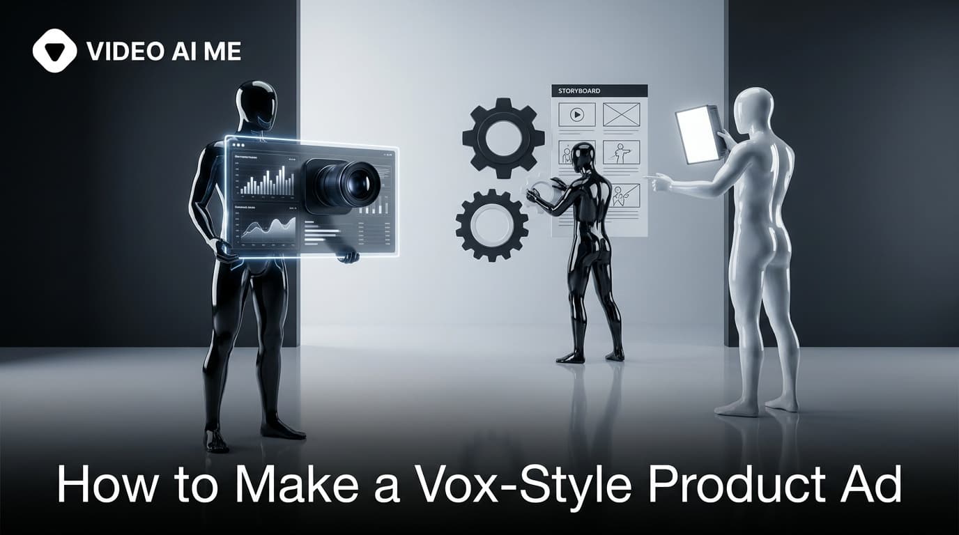 Vox-style product ad with a cutout product, benefit labels, and a call to action board