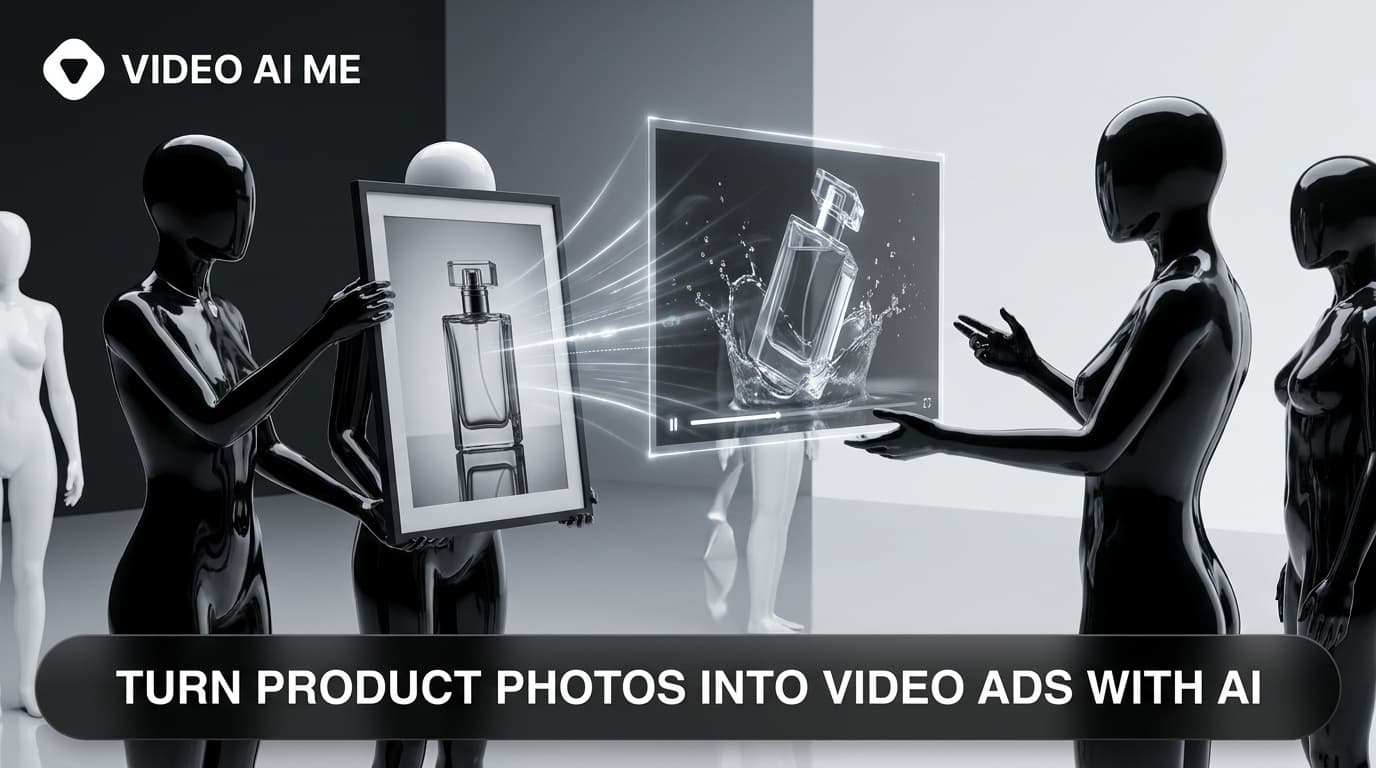 Turn product photos into video ads with AI, showing a static product image becoming a UGC-style video ad