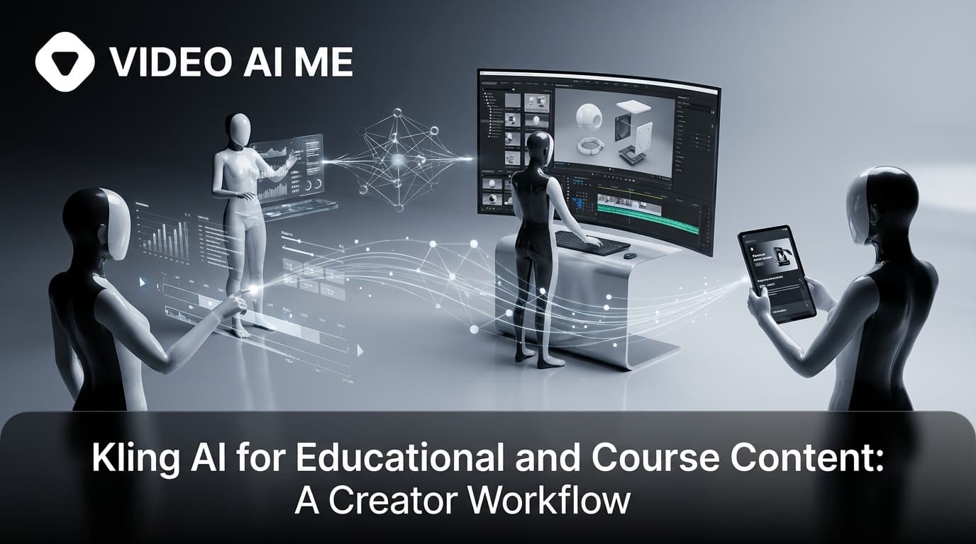 Kling AI educational content showing course module trailer with instructor and b-roll