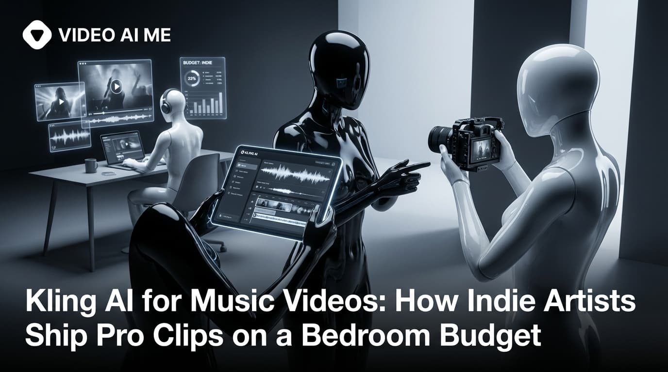 Kling AI music video stills showing cinematic shots cut to a track