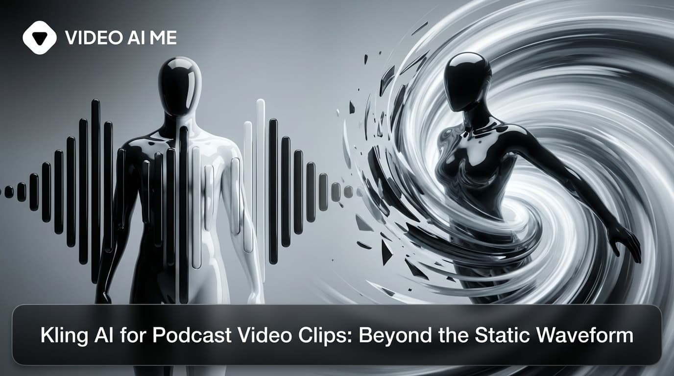 Kling AI podcast clip showing animated host portrait with dynamic b-roll and subtitles