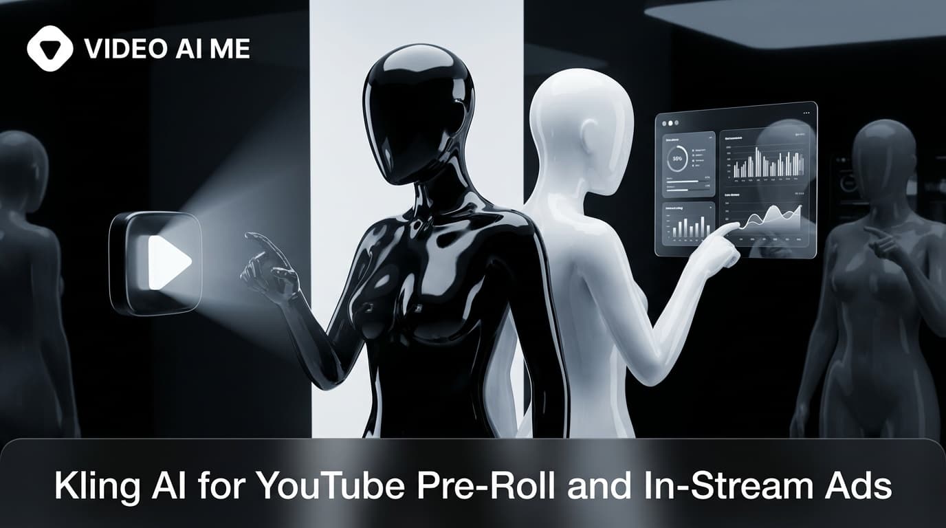 Kling AI YouTube pre-roll ad example showing 16:9 horizontal format with 5-second hook overlay