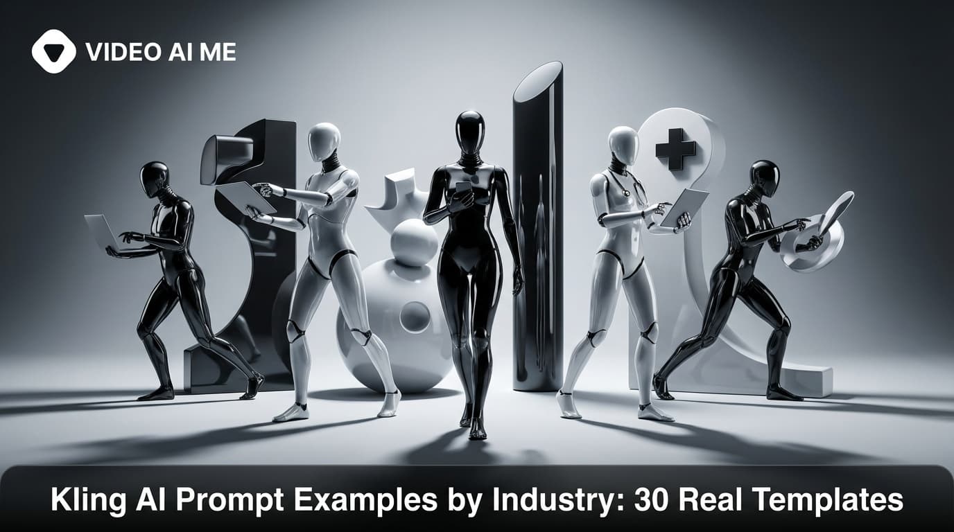Kling AI prompt examples organized by industry showing diverse video outputs