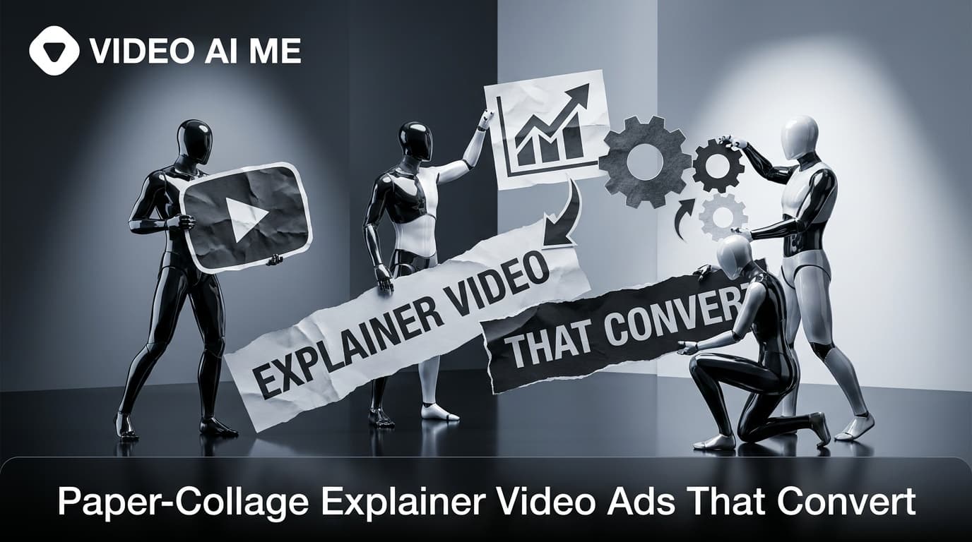 Paper-collage explainer video ad with cutout product, labels, and arrows