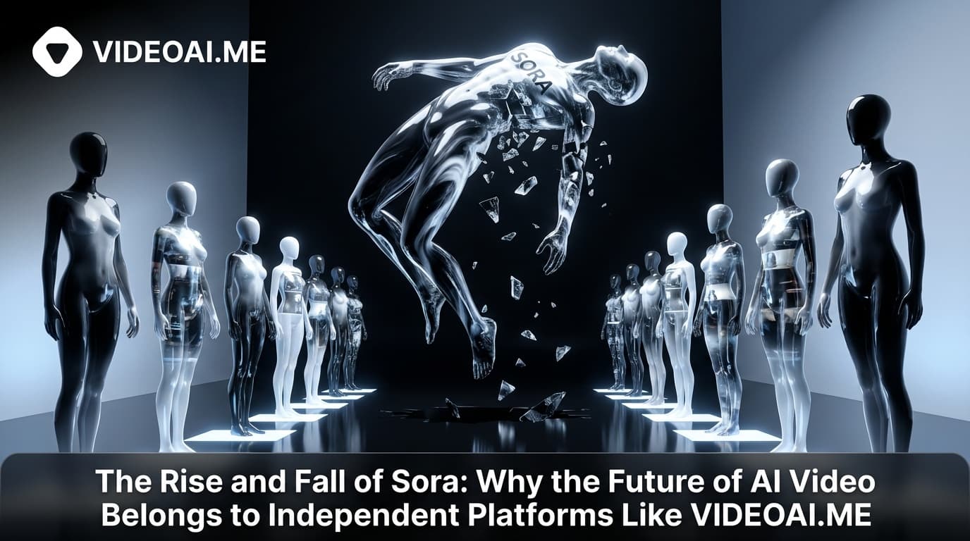 Timeline showing the rise and fall of OpenAI Sora and the rise of independent AI video platforms like VIDEOAI.ME