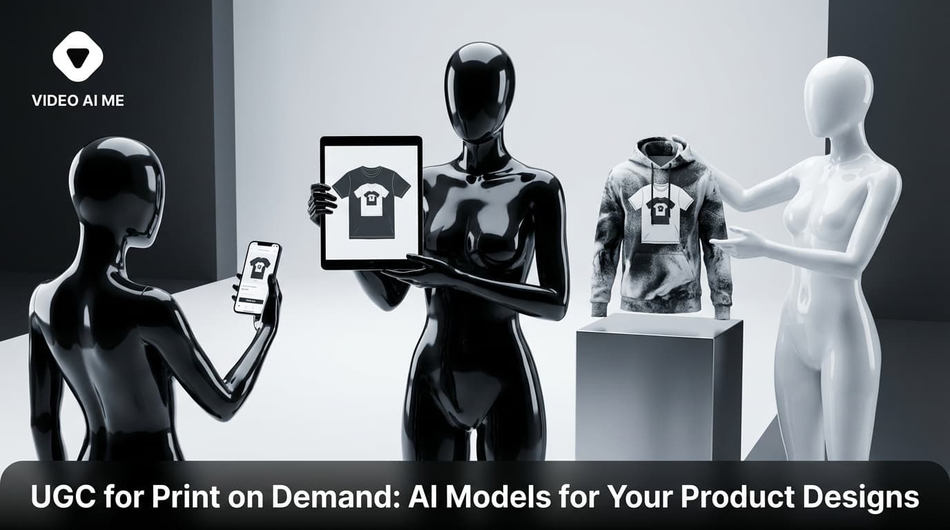 AI-generated UGC presenter showcasing print on demand product designs in a video ad
