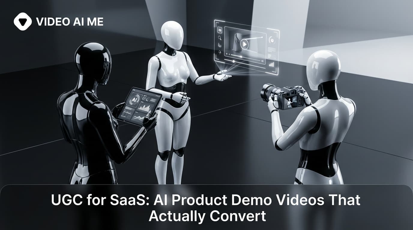 AI-generated UGC product demo video for SaaS showing a professional presenter explaining software features