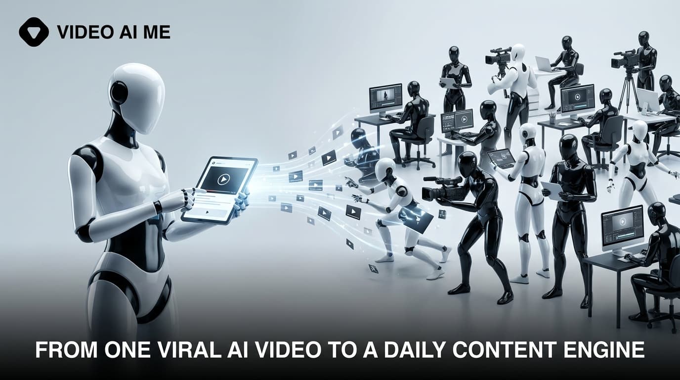 Creator workflow showing one viral AI video expanded into a daily content engine across multiple languages and platforms