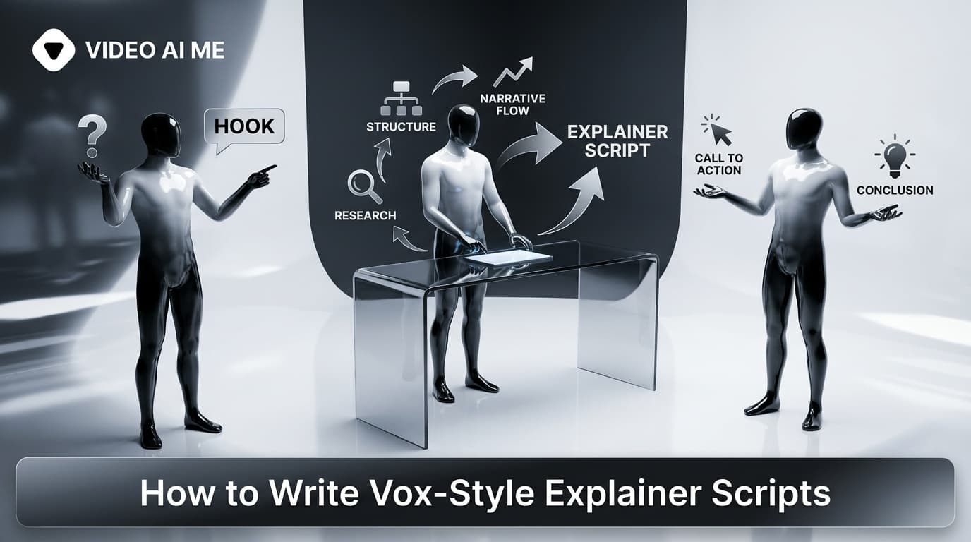 Paper-cutout storyboard for a vox-style explainer script with narration lines and on-screen labels per scene