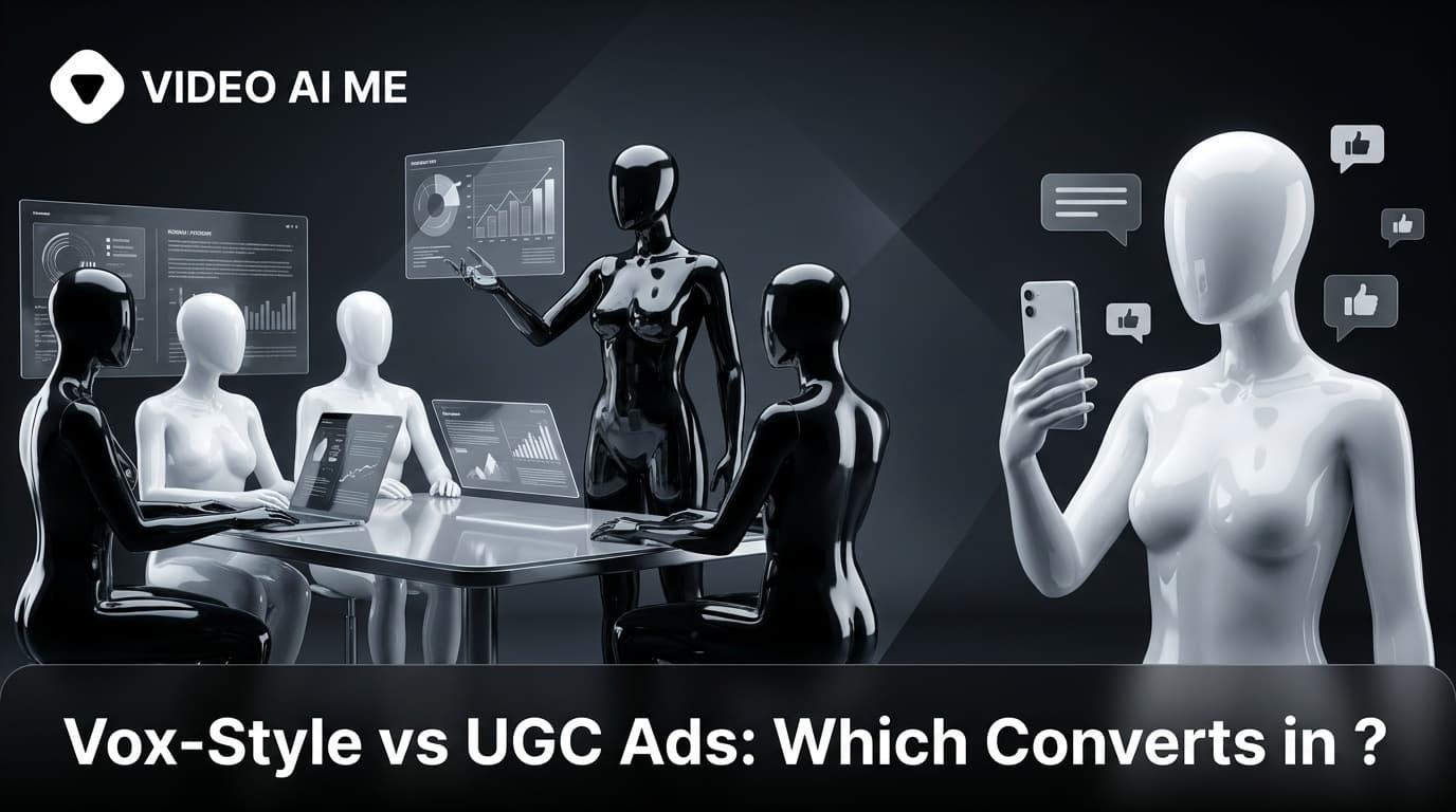 Split comparison of a vox-style paper-collage ad and a talking-head UGC ad